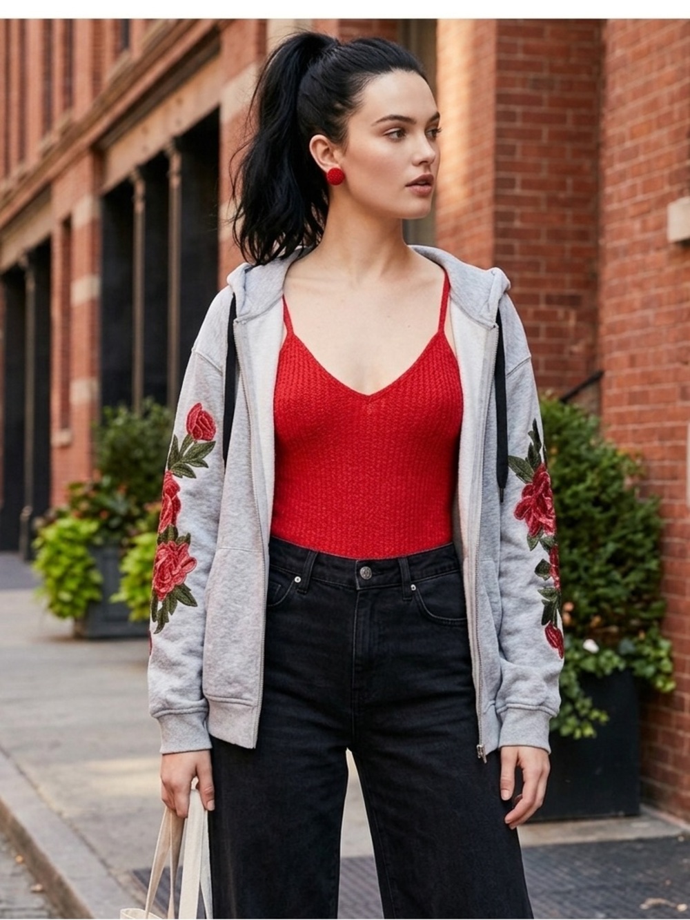 Emma & Sam Oversized Gray Jacket with Red Floral Embroidery